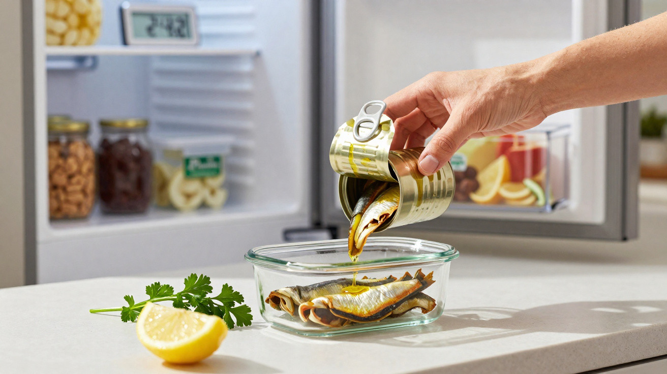 Mão a verter óleo de uma lata aberta de conserva de peixe num recipiente de vidro, com limão e coentros na bancada.