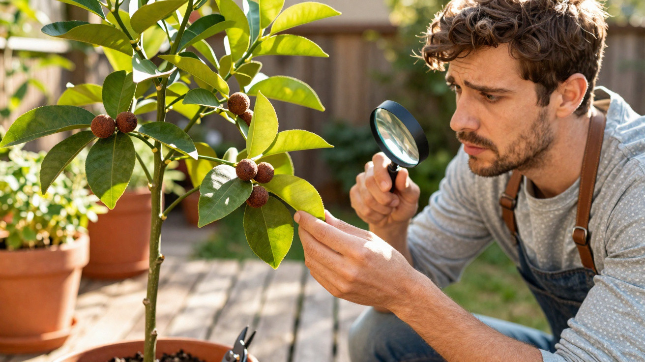 Homem a examinar plantas num vaso com lupa durante o dia num jardim exterior.
