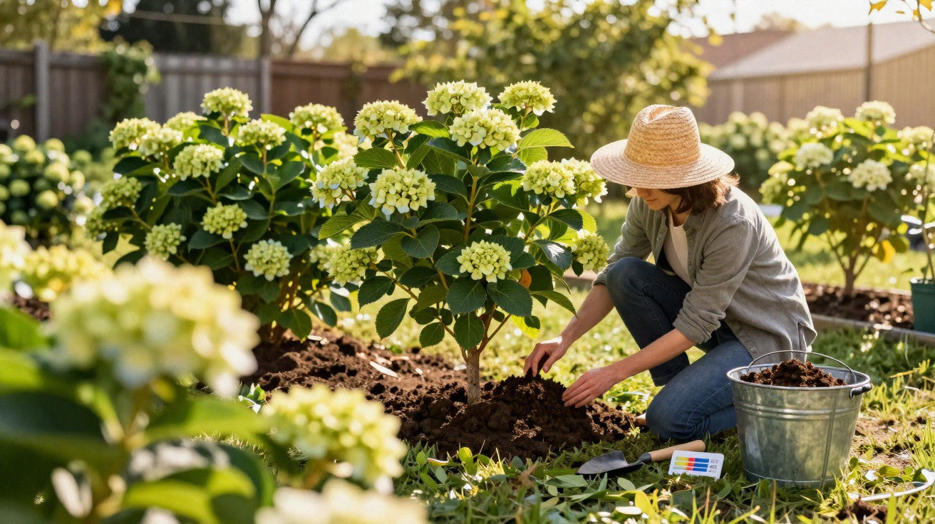 Mulher com chapéu a cuidar de plantas de hortênsia brancas numa jardim ensolarado.