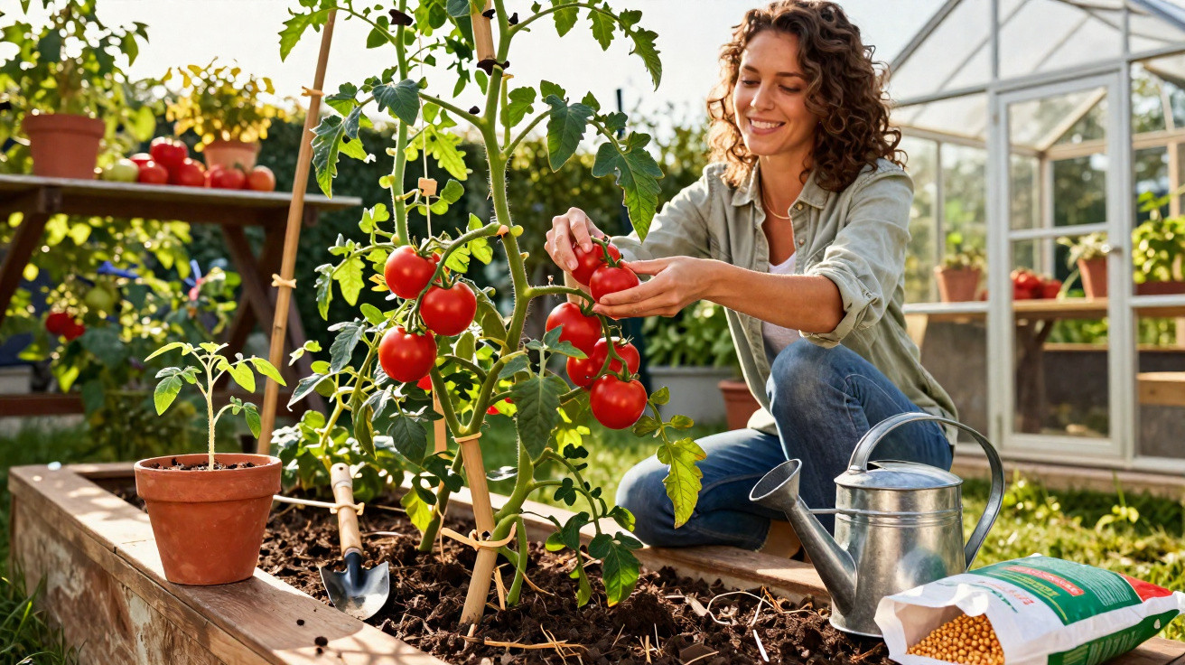 Mulher a colher tomates maduros numa estufa rodeada de ferramentas e plantas.