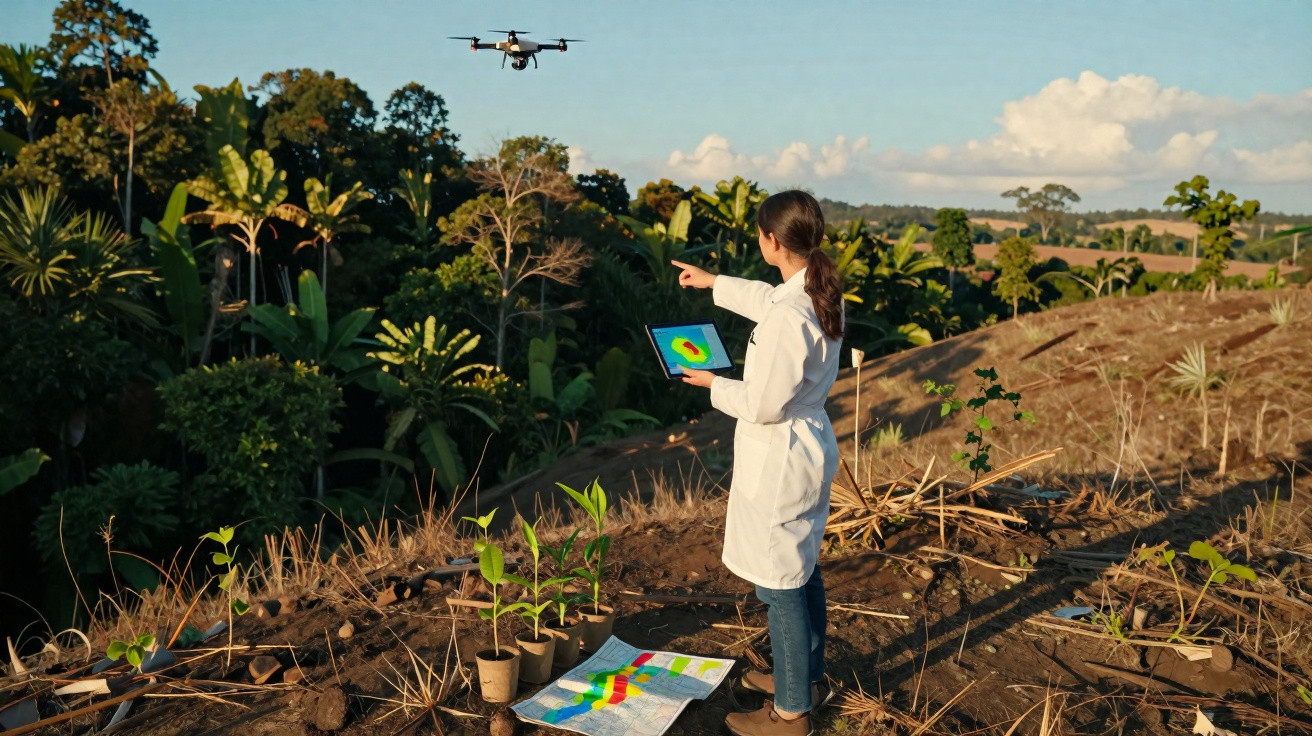 Mulher com bata branca usa tablet e dirige drone numa área rural com plantas jovens e vegetação densa ao fundo.