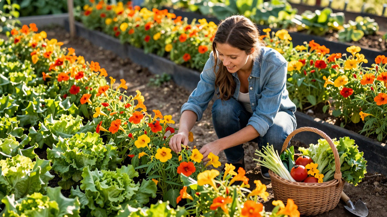 Mulher apanha flores laranja e amarelas num jardim com cesta de legumes ao lado.