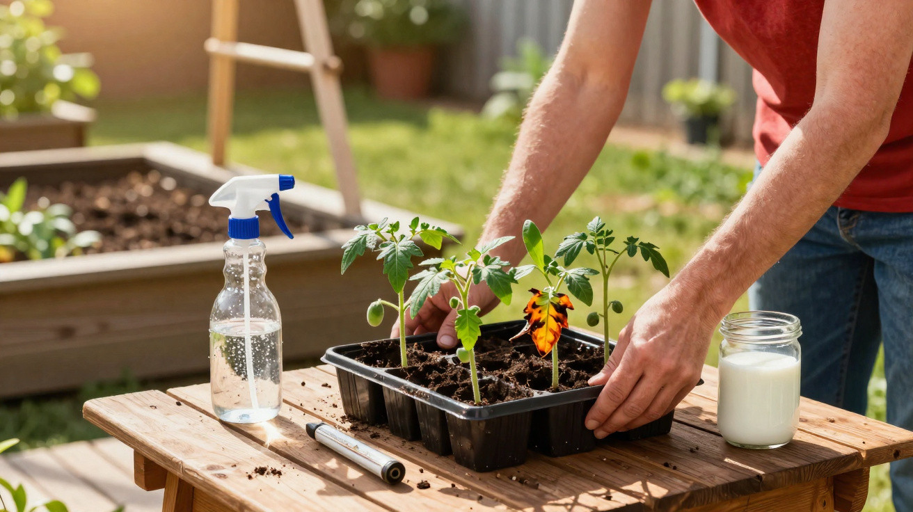 Pessoa a cuidar de plantas jovens num tabuleiro, com pulverizador e frasco de leite numa mesa ao ar livre.