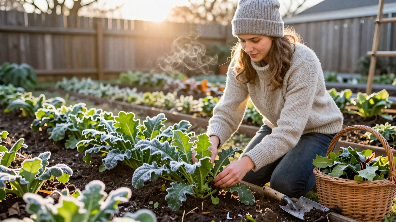 Mulher de gorro e camisola quente a colher plantas com orvalho num jardim de inverno ao pôr do sol.