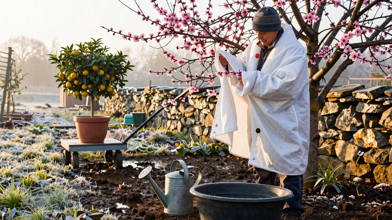 Homem com casaco branco verifica flores cor-de-rosa num pomar com plantas e regador à frente.