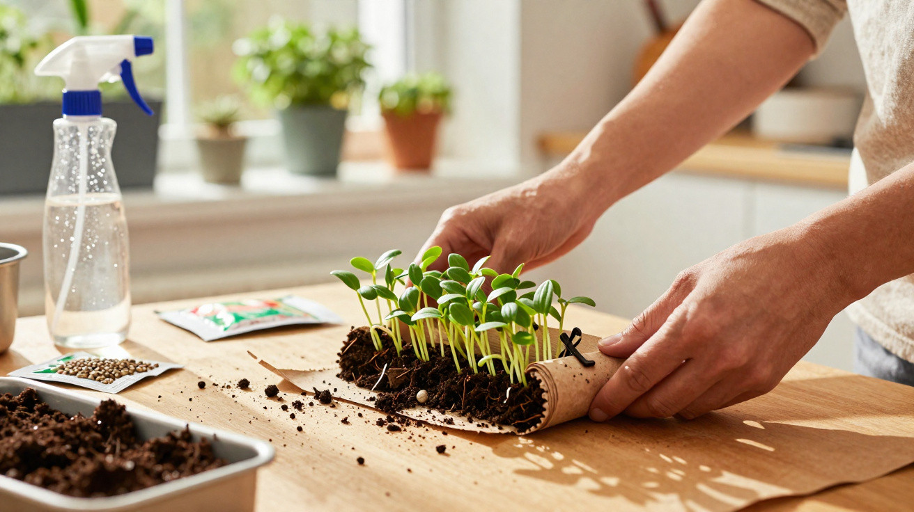Mãos a transplantar pequenas plantas verdes numa bandeja com terra numa mesa de madeira junto a janela.