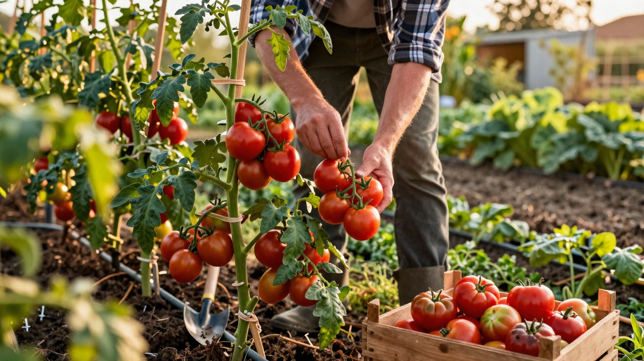 Pessoa a colher tomates maduros numa plantação com caixa de madeira cheia de tomates em primeiro plano.