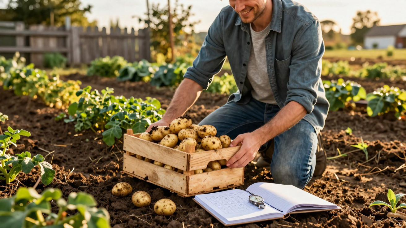 Homem a apanhar batatas numa quinta, a colocar numa caixa de madeira junto a um caderno aberto.