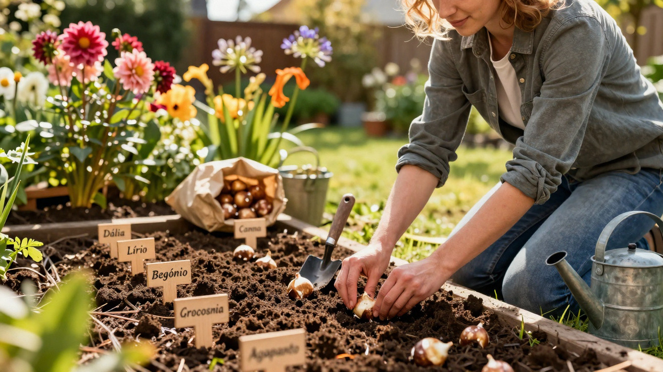 Mulher a plantar bulbos de flores numa horta com várias flores coloridas e etiquetas de identificação.