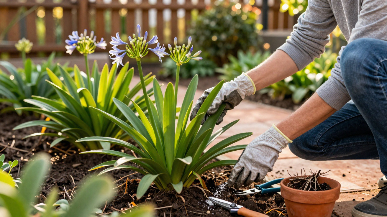 Pessoa a plantar flores agapanto num jardim com luvas e ferramentas de jardinagem.