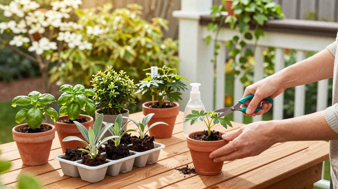 Pessoa a podar planta em vaso, rodeada de várias plantas num jardim soalheiro.