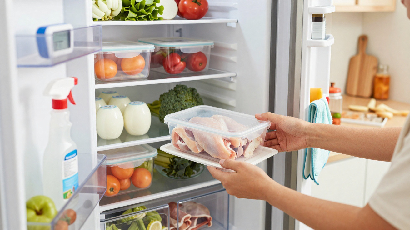 Mãos guardam frango cru em recipiente plástico dentro de frigorífico com legumes, ovos e frutas.