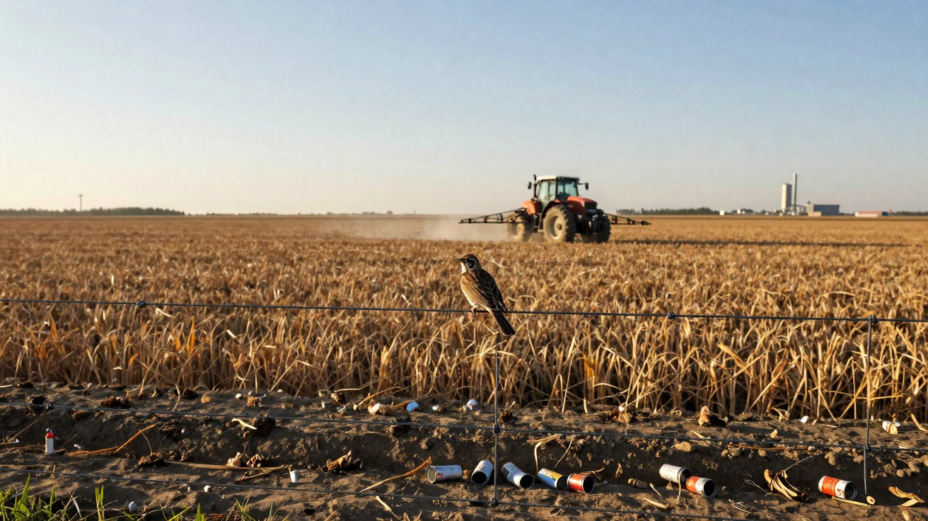 Pássaro numa cerca junto a um campo cerealífero com tractor ao fundo e lixo espalhado no solo.