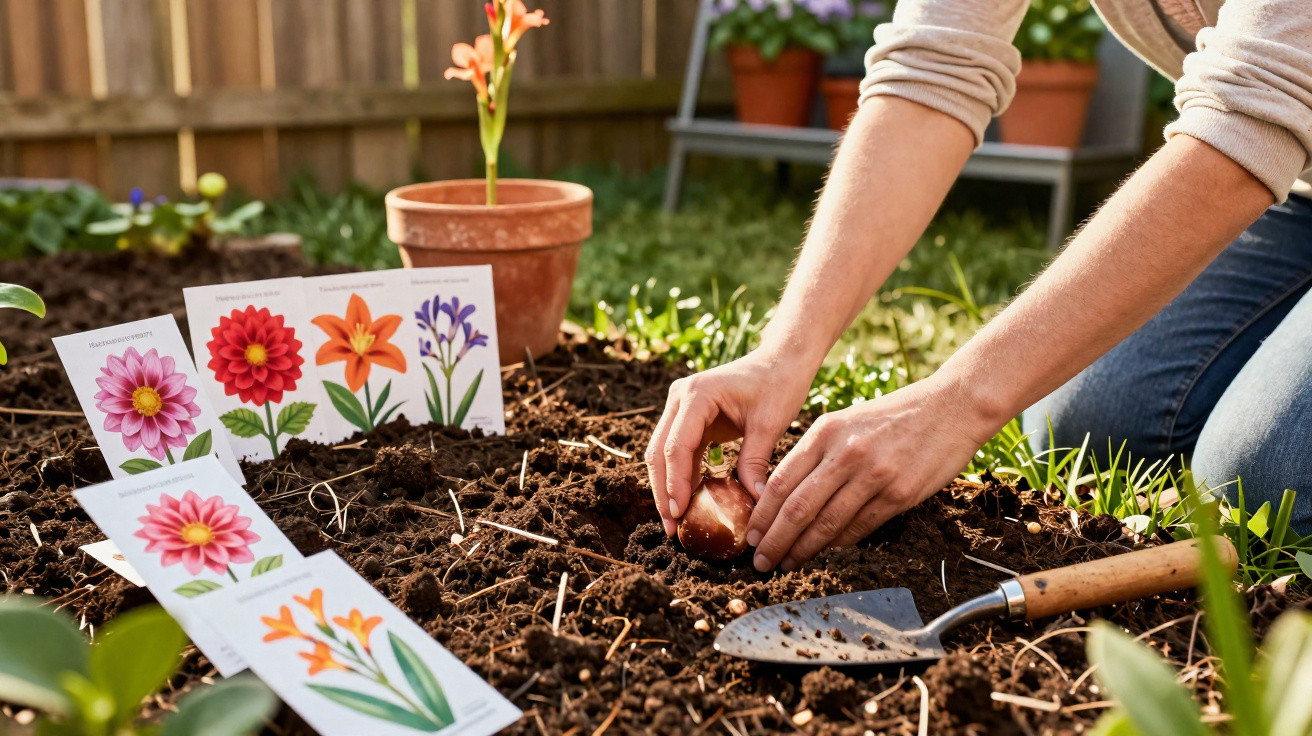 Pessoa a plantar uma cebola numa horta com cartazes de flores e ferramentas de jardinagem à volta.