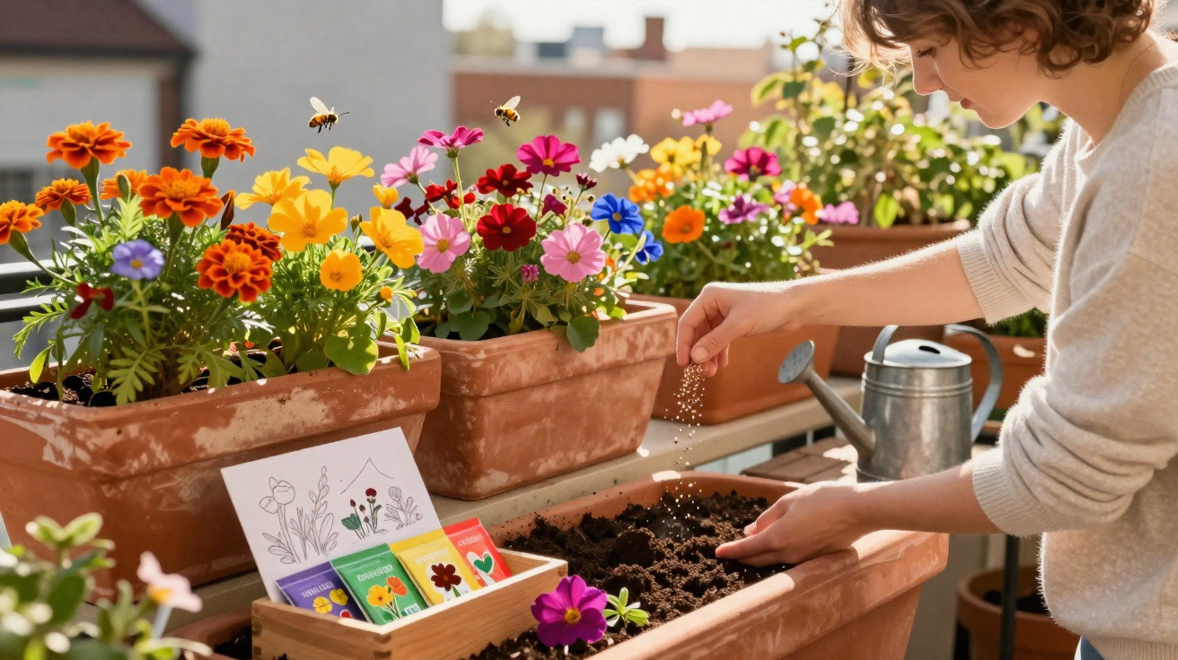 Mulher a semear terra em floreira, rodeada de vasos com flores coloridas e um regador metálico.
