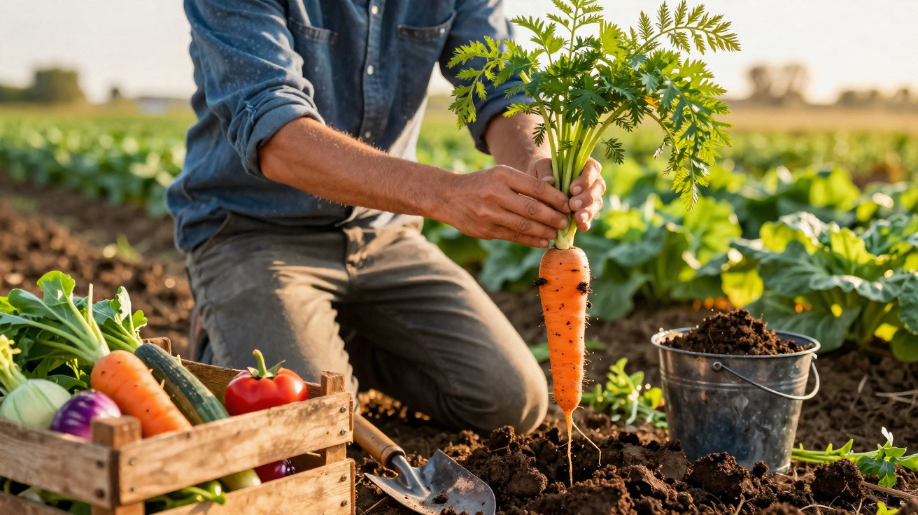 Pessoa a colher uma cenoura fresca num campo de cultivo com legumes numa caixa de madeira ao lado.