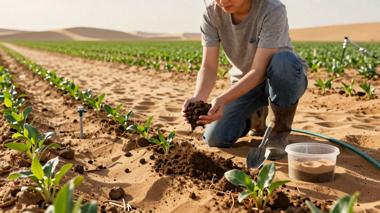 Pessoa agachada a plantar e a deitar terra em plantas jovens num campo agrícola arenoso.