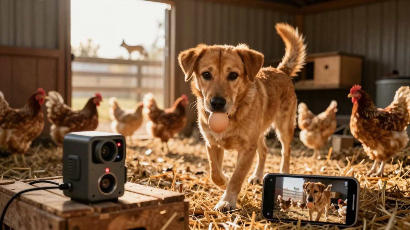 Cão com ovo na boca numa quinta com galinhas, gravado por uma câmara e um telemóvel.