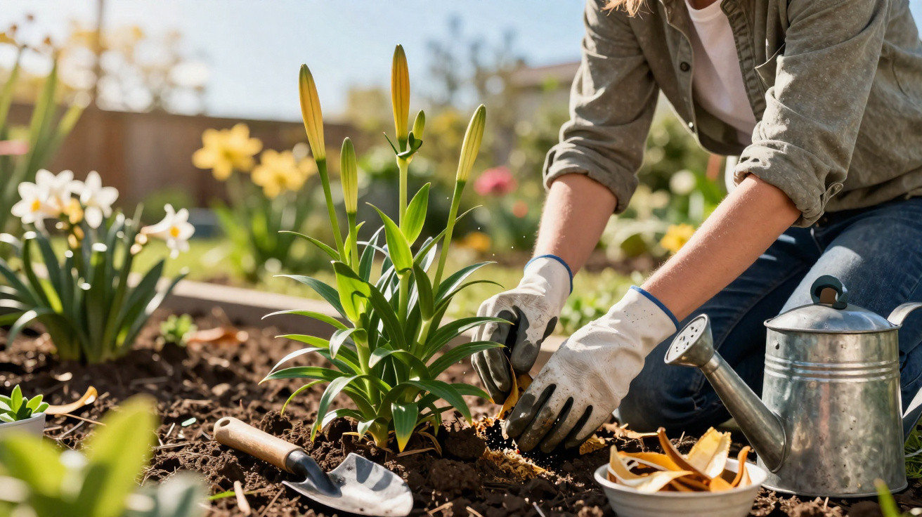 Pessoa a cuidar de plantas num jardim, a plantar flores em terra fértil ao ar livre.