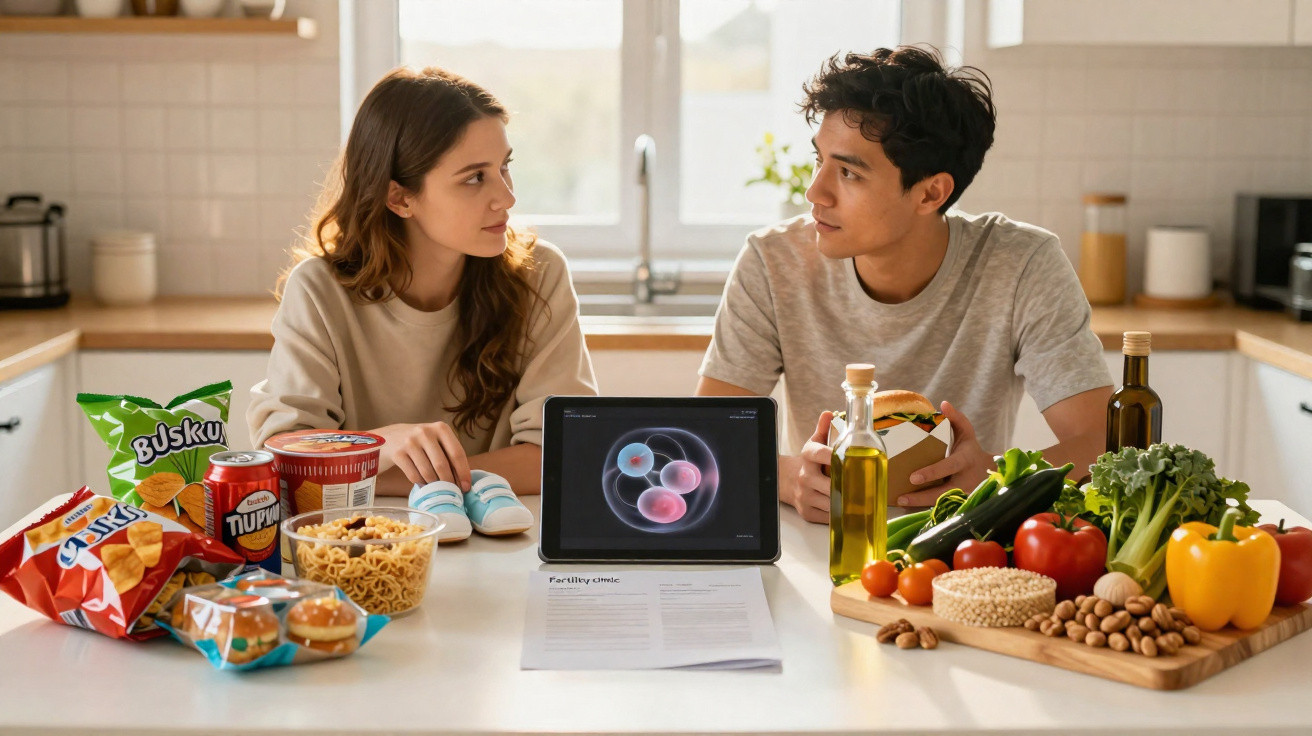 Casal conversa na cozinha com alimentos processados de um lado e alimentos naturais do outro, com tablet ao centro.