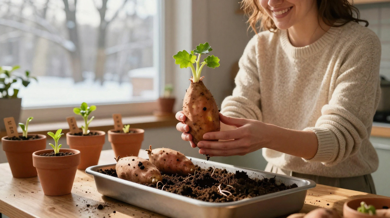 Mulher a plantar batatas-doces com rebentos verdes dentro de bandeja com terra numa cozinha iluminada.