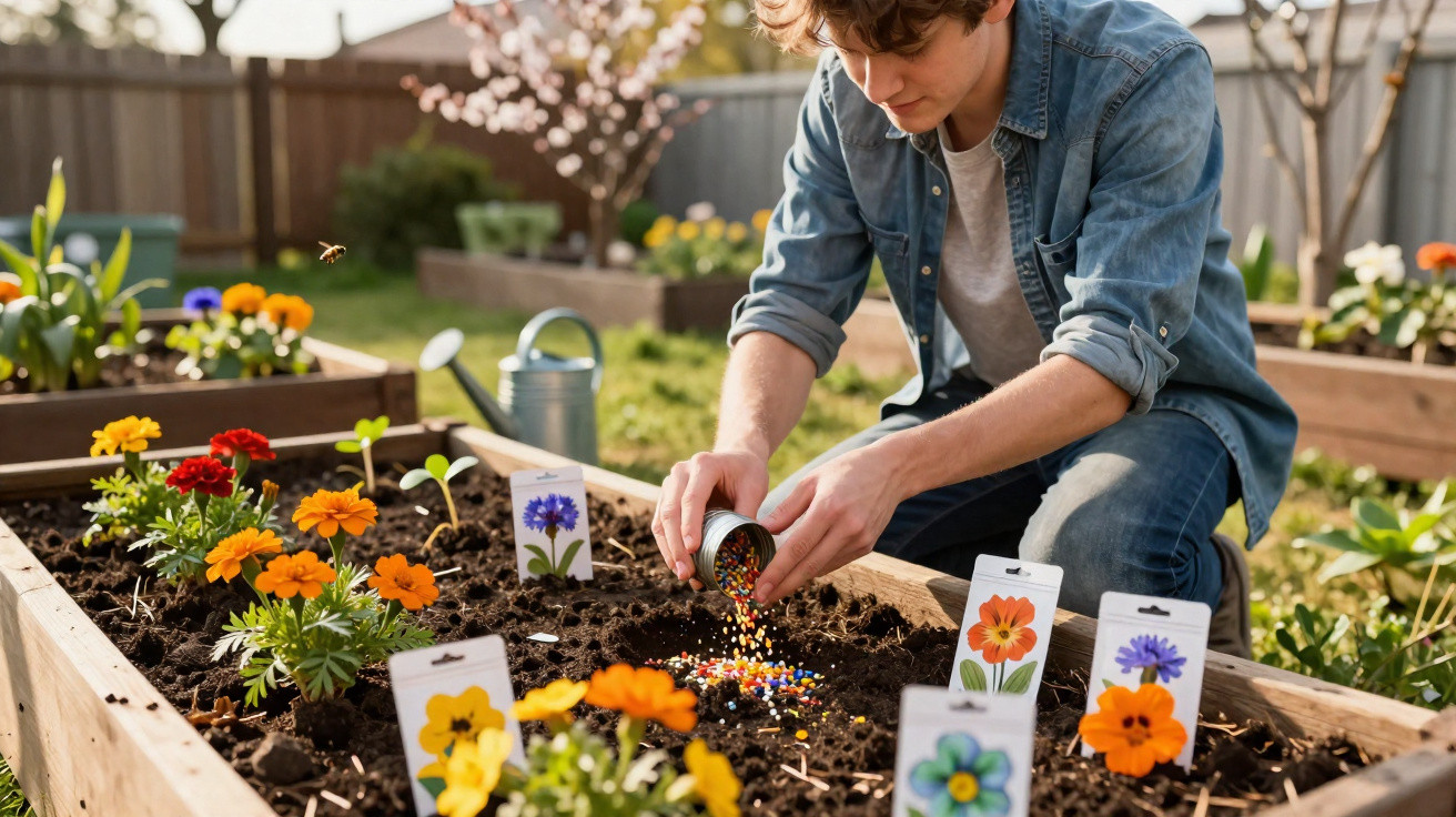 Jovem a deitar fertilizante em canteiro com flores coloridas num jardim ao ar livre em dia ensolarado.