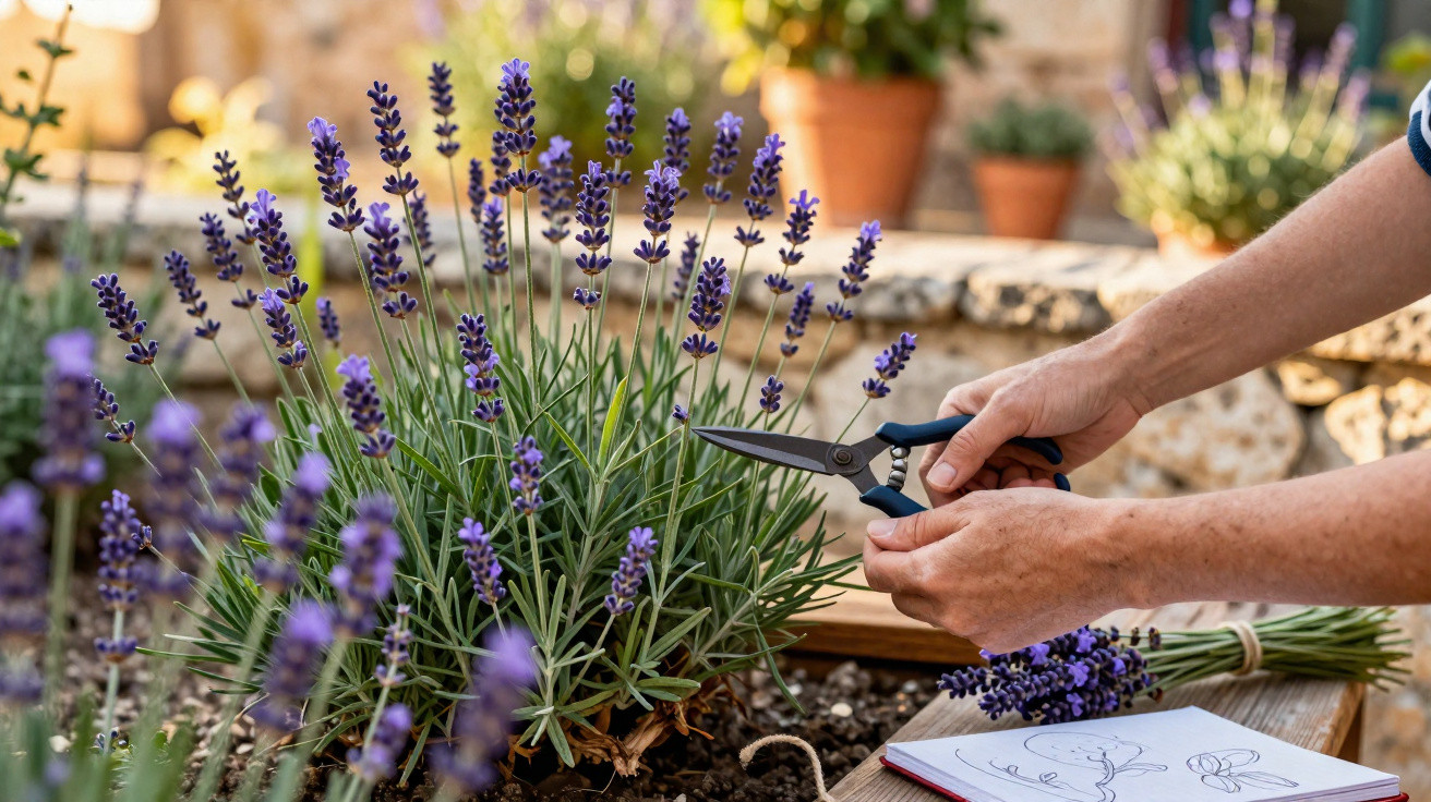 Pessoa a podar lavanda roxa num jardim, com caderno de desenho e ramo cortado ao lado