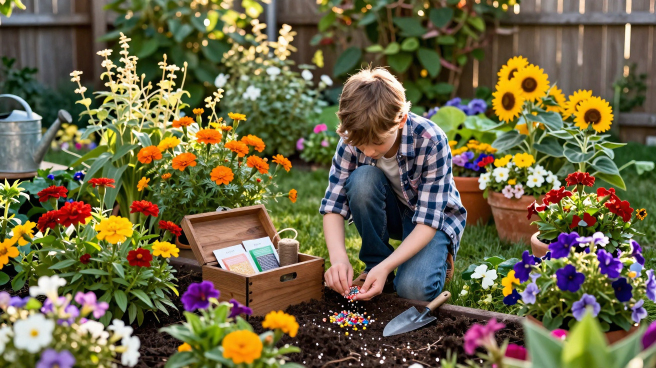Menino a semear flores num jardim colorido rodeado por várias plantas e flores em vasos.