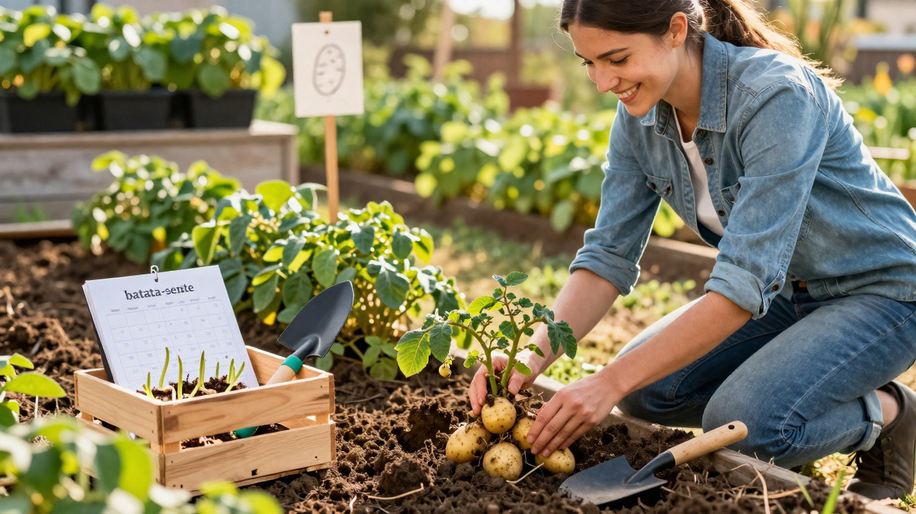 Mulher a colher batatas num jardim com ferramentas e mudas à sua volta num dia ensolarado.