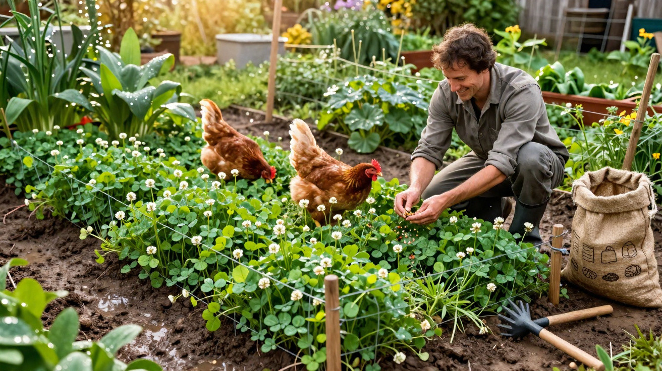 Homem a cultivar plantas numa horta com galinhas a passear entre as flores e legumes.