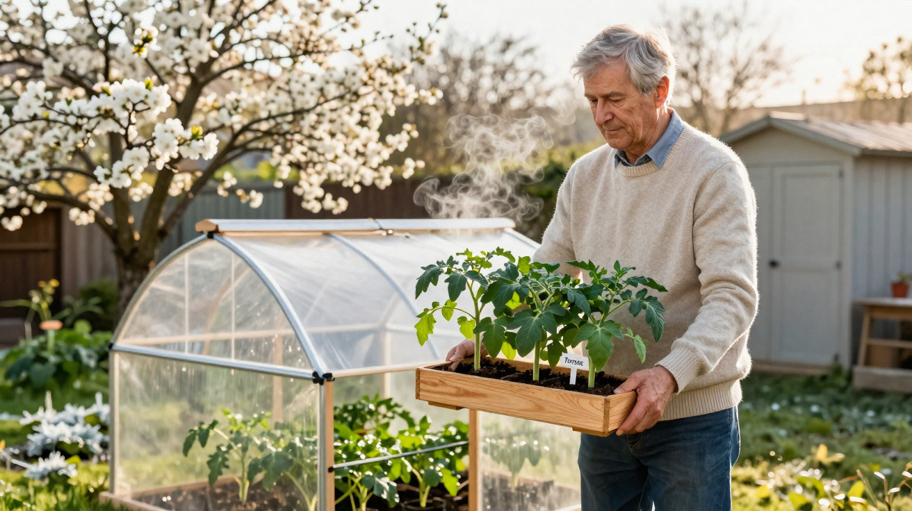 Homem idoso a cuidar de plantas junto a estufa de jardim em dia soalheiro de primavera.