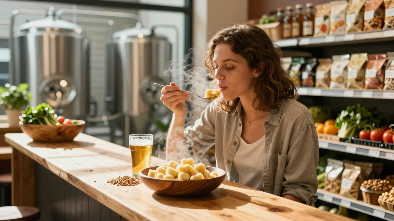 Mulher a saborear prato fumegante de nhoques num bar com produtos naturais em prateleiras ao fundo.