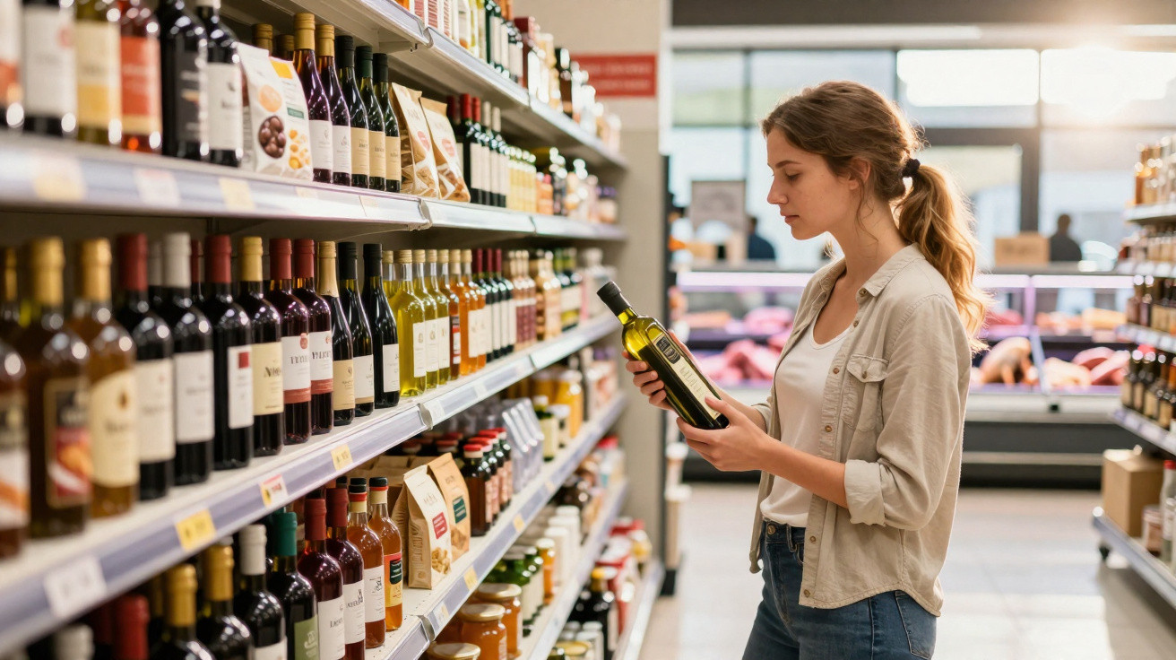 Jovem mulher a examinar uma garrafa numa prateleira de supermercado com vinho e outros produtos.