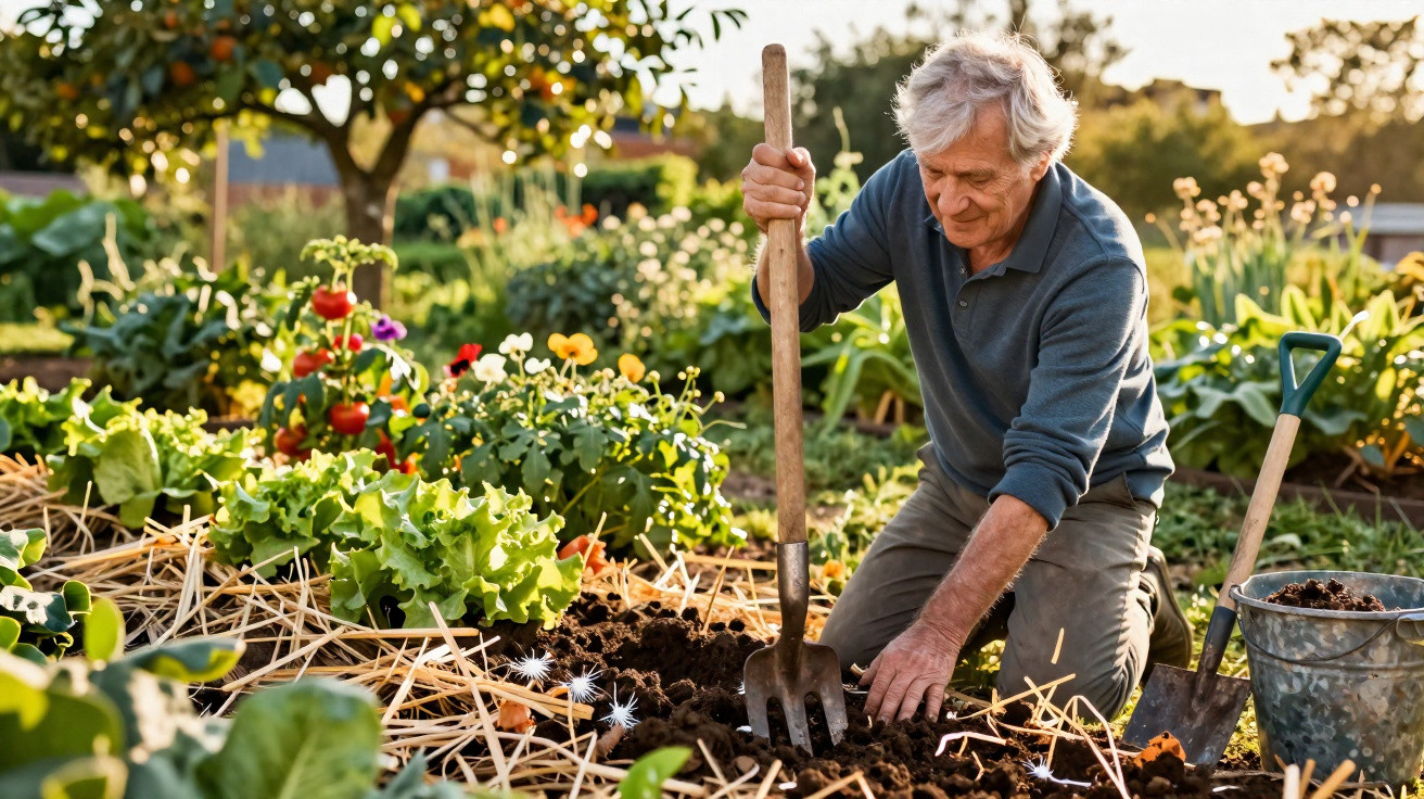Homem idoso a cultivar um jardim com flores e legumes, usando enxada ao pôr do sol.