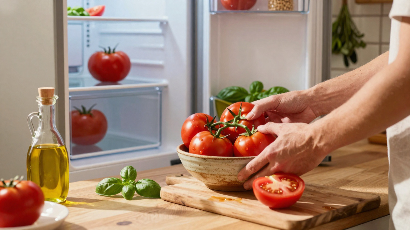 Mãos a colocar tomate numa tigela numa cozinha com frigorífico aberto e manjericão sobre a bancada.