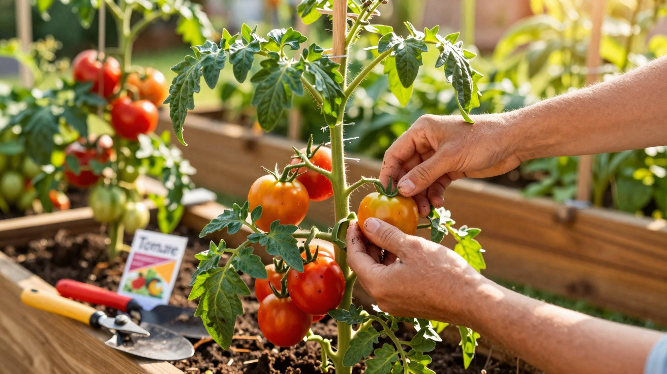 Mãos a colher tomate maduro em plantação com várias plantas de tomate em canteiro elevado num jardim.