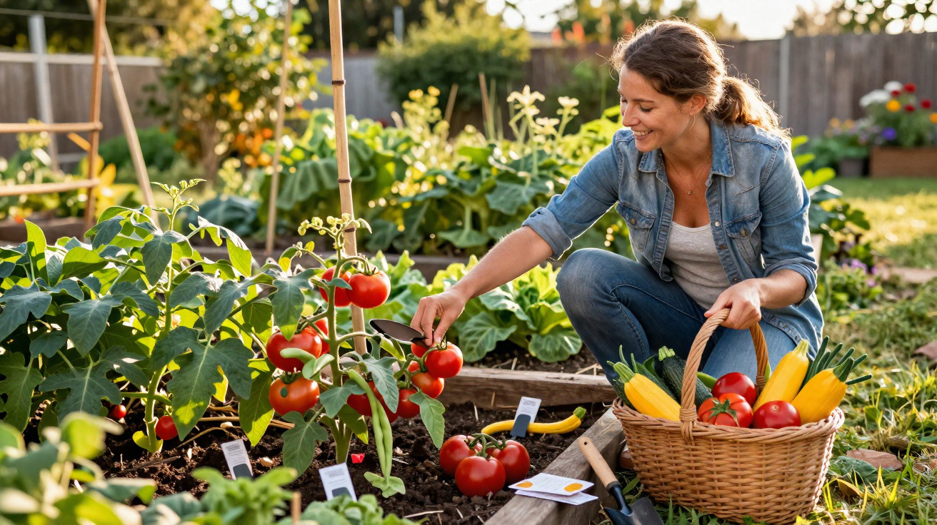 Mulher colhe tomates maduros num jardim, com cesta cheia de legumes frescos ao seu lado.