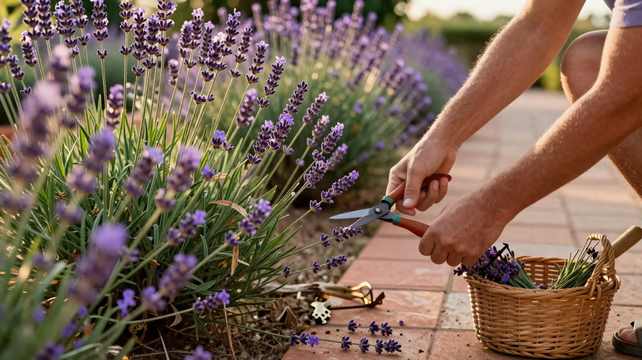 Pessoa a cortar flores de lavanda junto a um canteiro, com cesta de vime ao lado, ao ar livre.