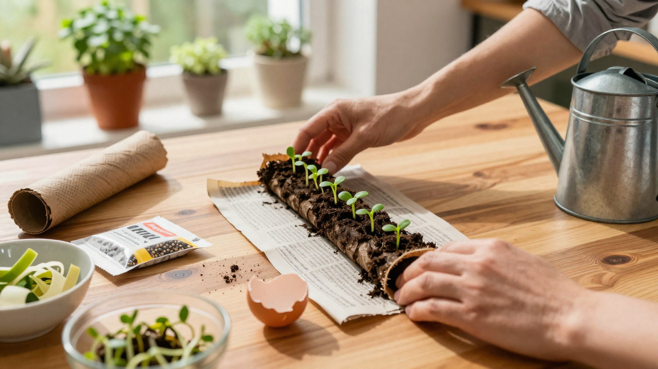 Mãos a transplantar pequenas plantas num tubo biodegradável com terra, sobre uma mesa de madeira junto a uma janela.