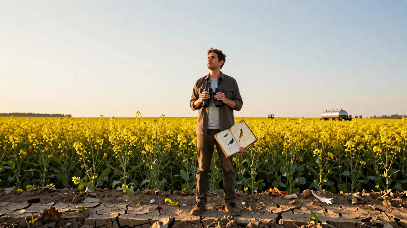 Homem observa campo florido com binóculos e livro aberto sobre aves, ao pôr do sol.