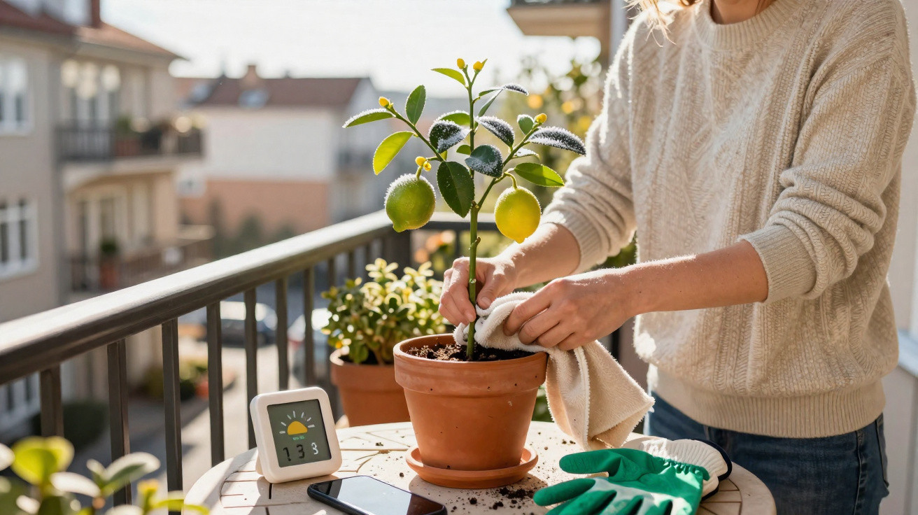Pessoa a cuidar de planta de limão num vaso num terraço, limpando as folhas com um pano.