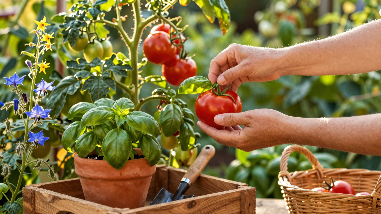 Mãos a colher tomate maduro numa horta com manjericão em vaso e cesto de colheita ao lado.