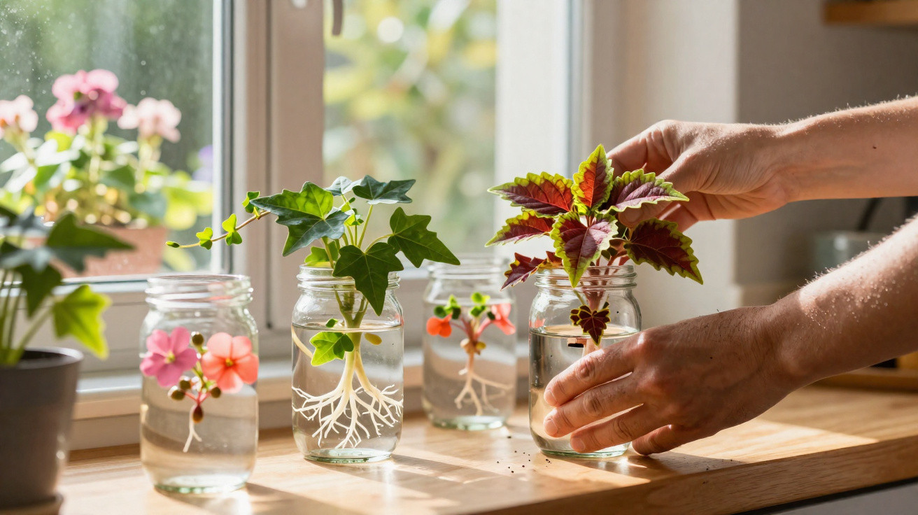 Mãos a cuidar de plantas em frascos de vidro com água, num parapeito iluminado por luz natural.