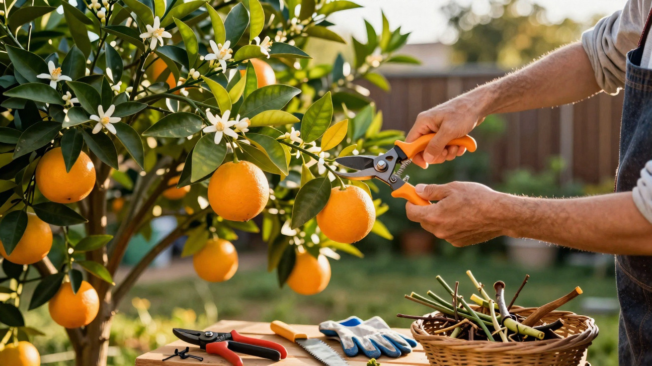 Pessoa a podar ramo de laranjeira com flores brancas e frutos laranja num jardim ensolarado.