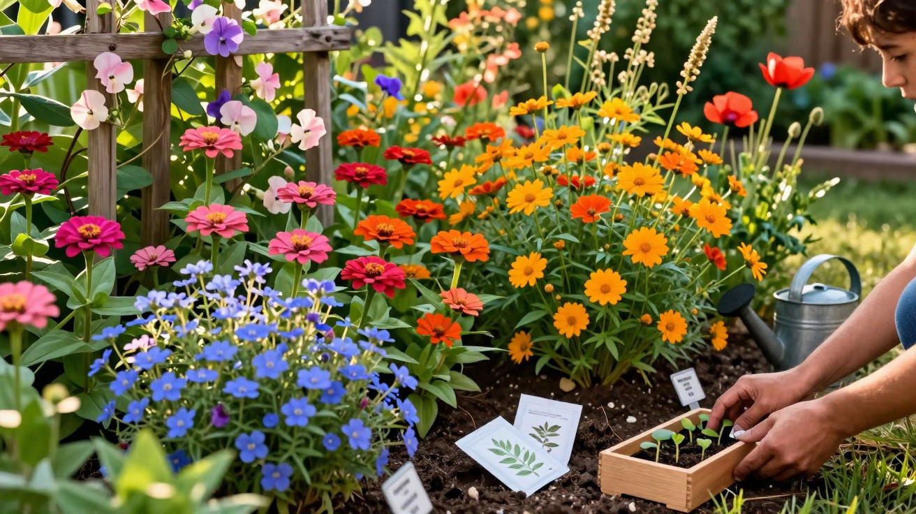 Jardim colorido com várias flores e pessoa a plantar mudas numa caixa de madeira no solo.