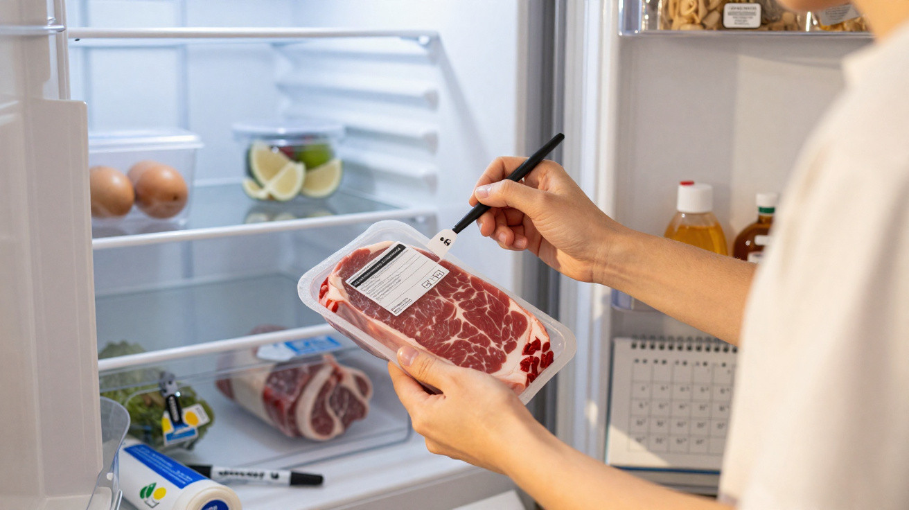 Pessoa a etiquetar embalagem de carne crua numa porta de frigorífico aberto com ovos e limas no interior.