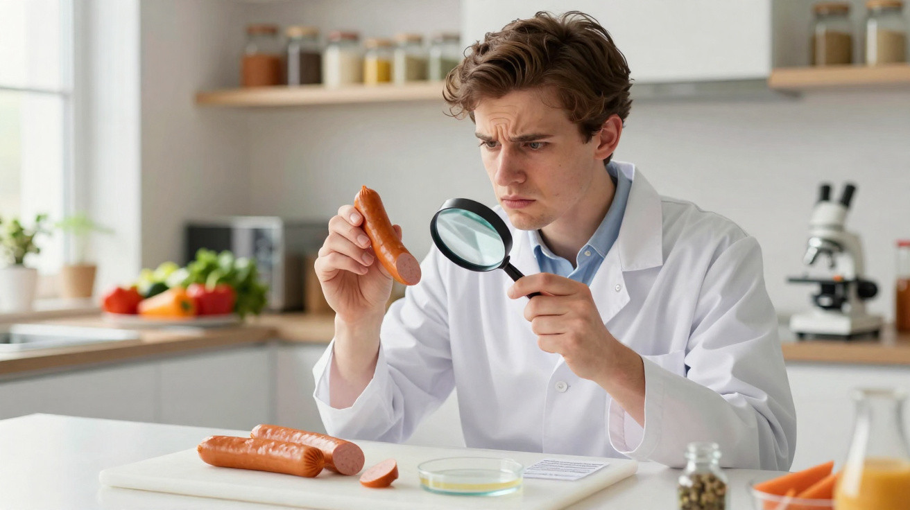 Homem de bata branca examina salsicha com lupa numa cozinha moderna.