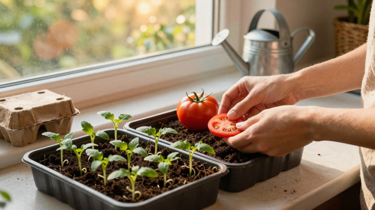 Mãos a segurar uma fatia de tomate junto a bandejas com plantas jovens numa janela iluminada.