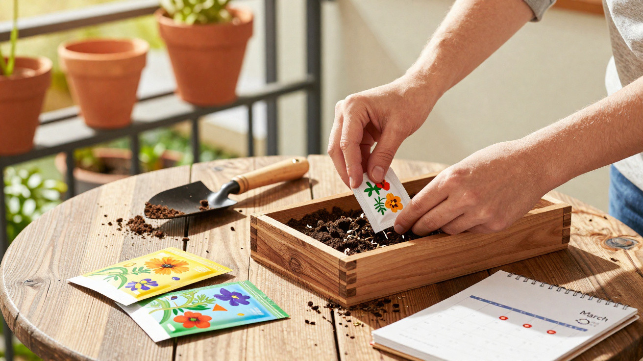 Mãos a plantar sementes numa caixa de madeira com pacotes de sementes e calendário numa mesa de madeira.