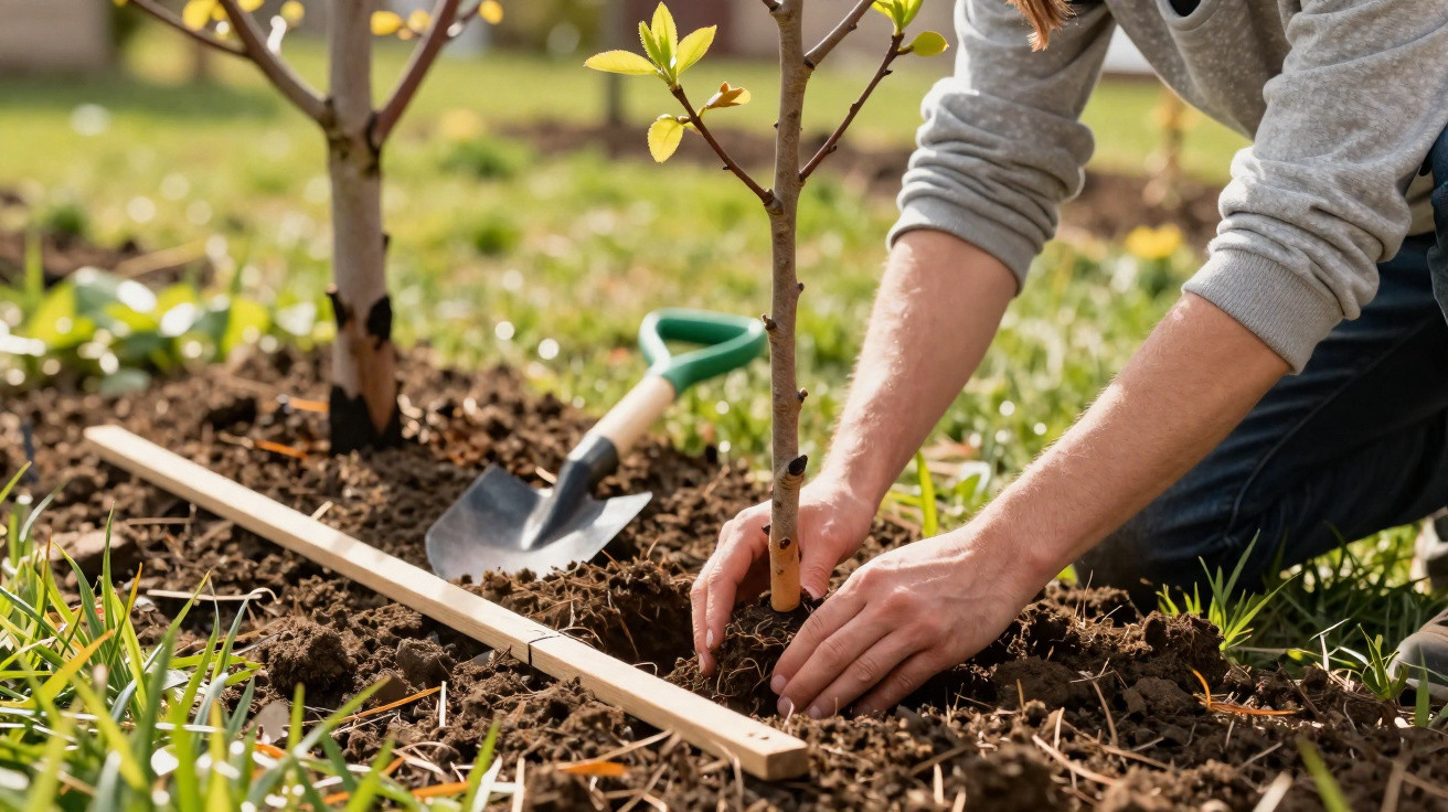 Pessoa a plantar uma árvore jovem no solo num jardim, com enxada e régua de medição ao lado.